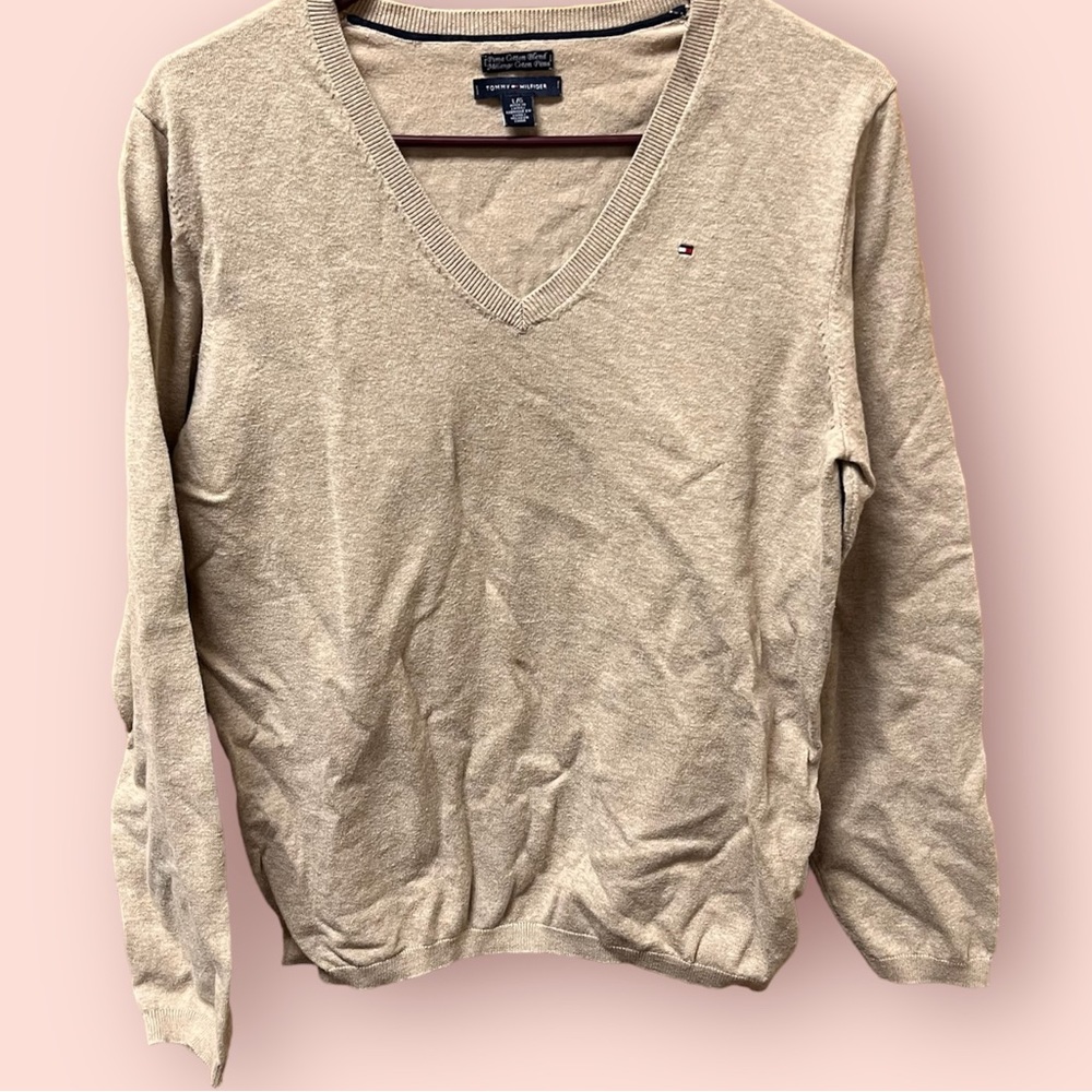 Tommy Hilfiger, Pima Cotton V-Neck Sweater, Tan, Size Large